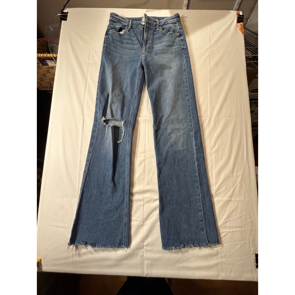 PAIGE Leenah High Rise Wide Leg Jeans Blue Distressed Raw Hem Size 25